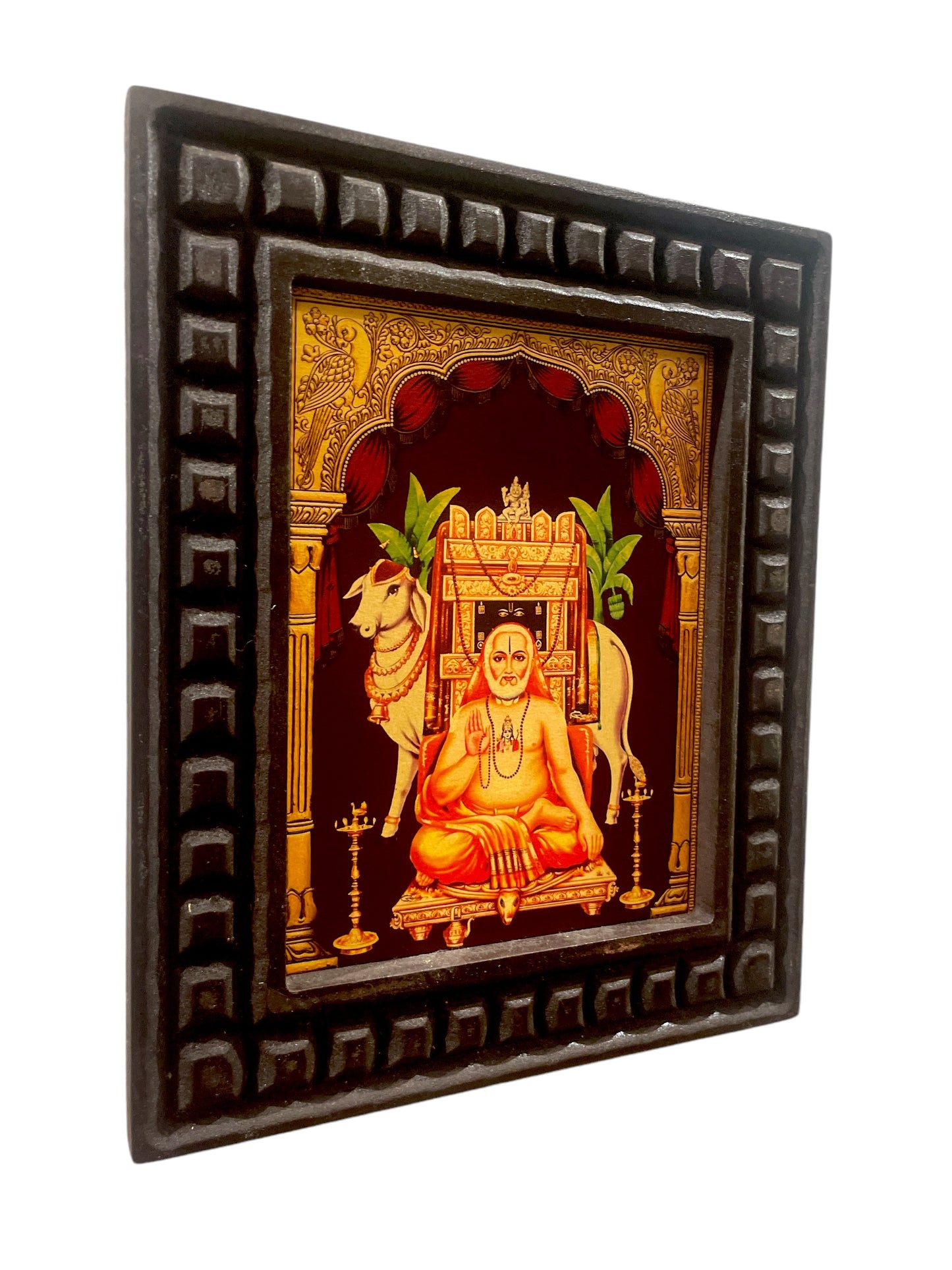 Raghavendra Swamy Gold Leafed Art Work within Wooden frame