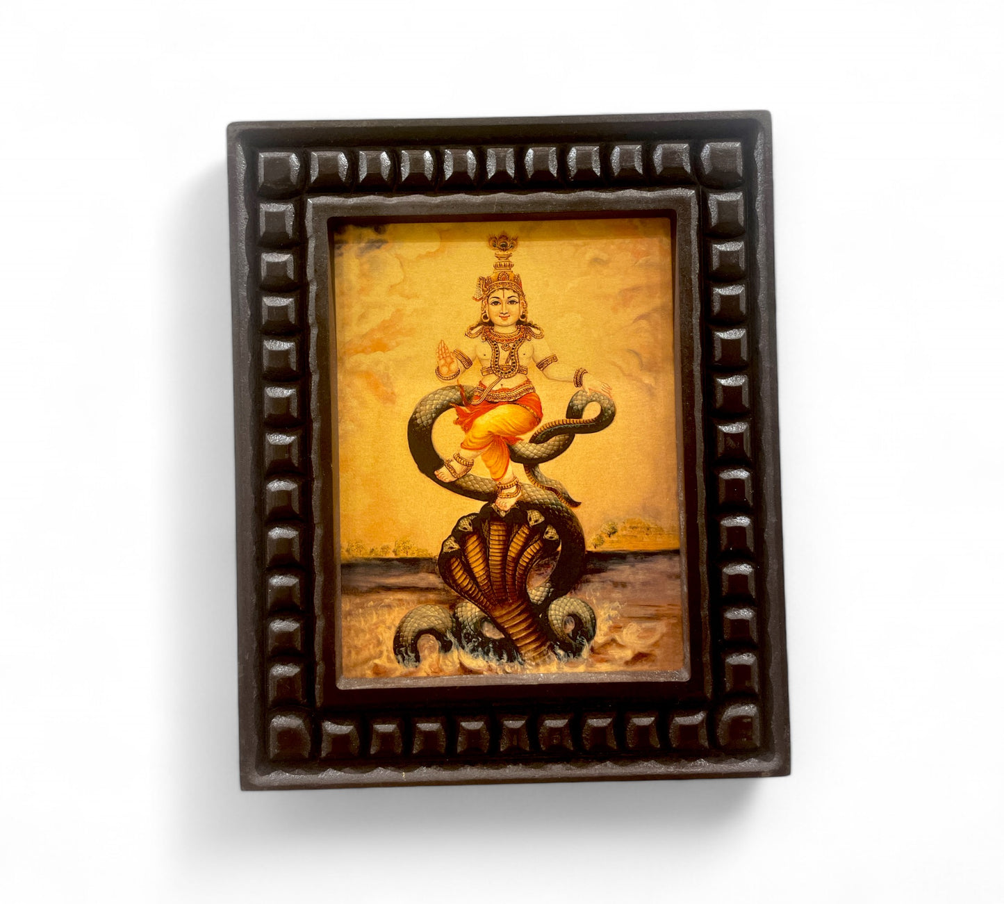 Kalinga Narthana Krishna Gold Leafed Art Within a Wooden Frame