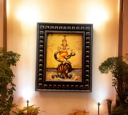 Kalinga Narthana Krishna Gold Leafed Art Within a Wooden Frame