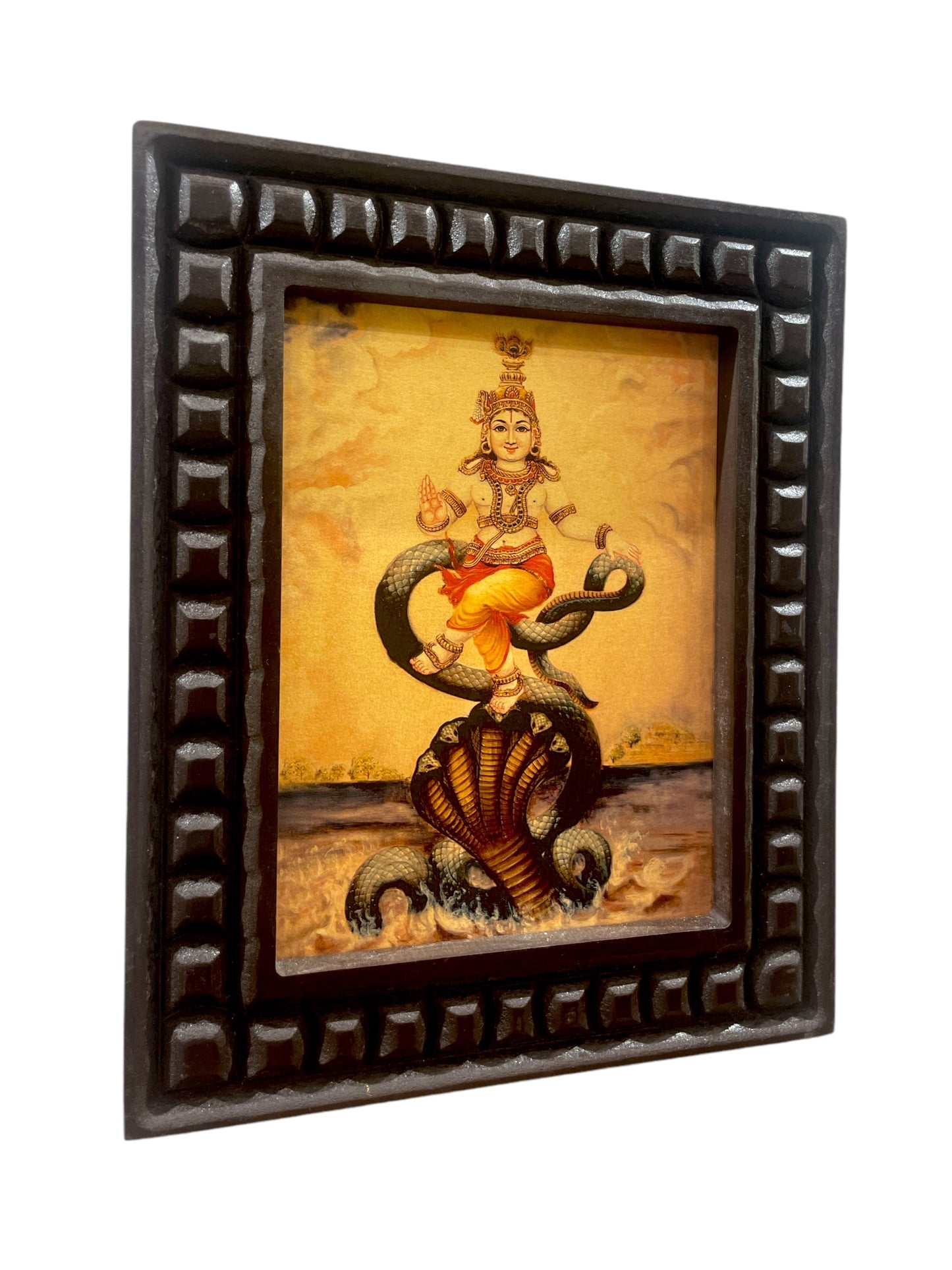 Kalinga Narthana Krishna Gold Leafed Art Within a Wooden Frame