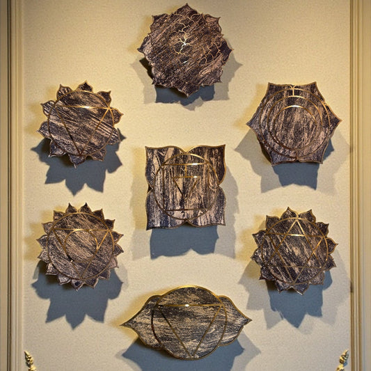 7 Chakra Wall Art | Sacred Energy Symbols, Wooden With Gold metal