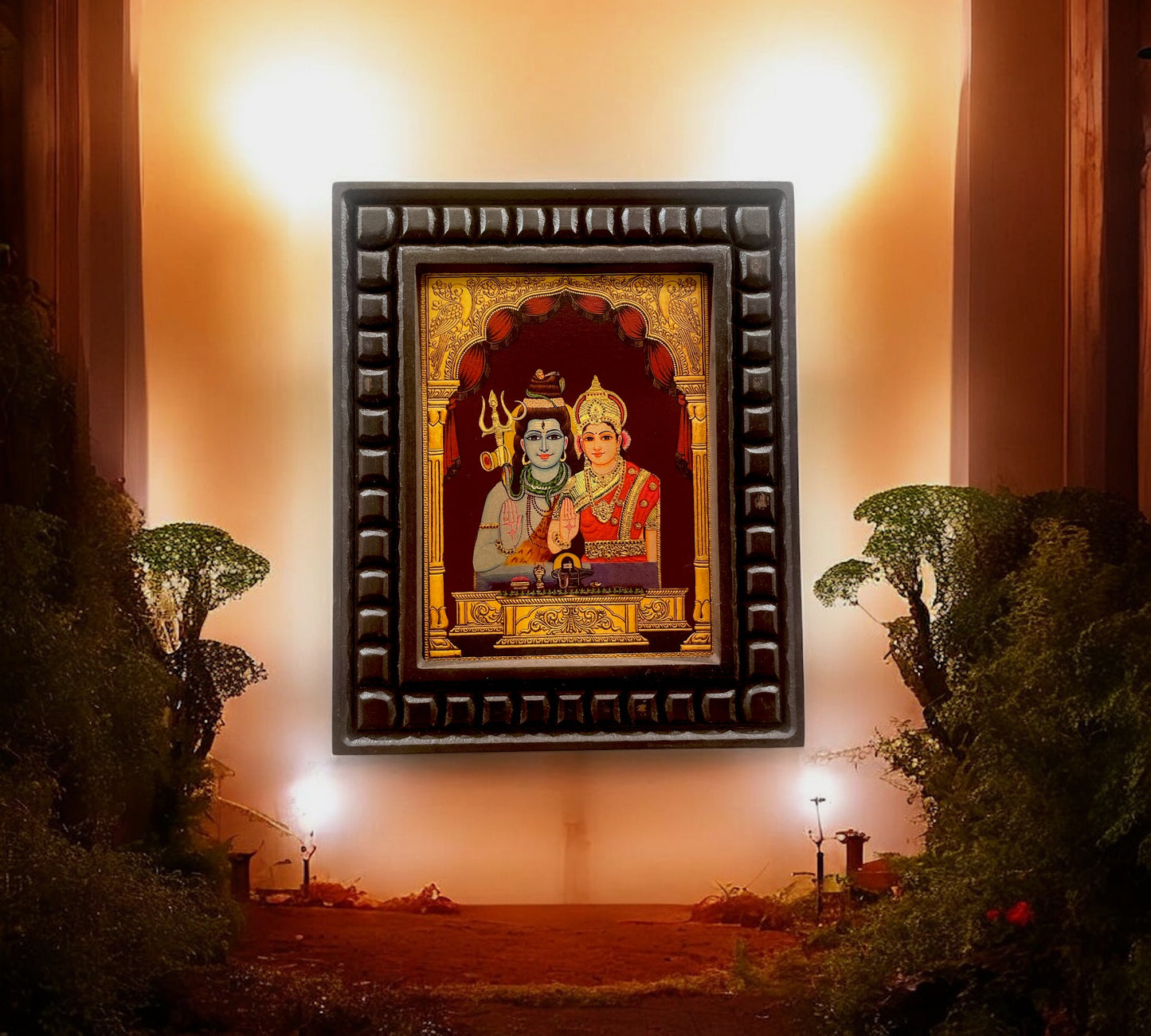 Shiva Parvati Gold Leafed Art Within Wooden Frame