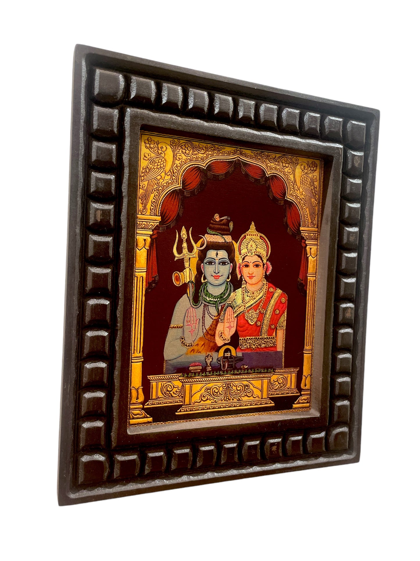 Shiva Parvati Gold Leafed Art Within Wooden Frame