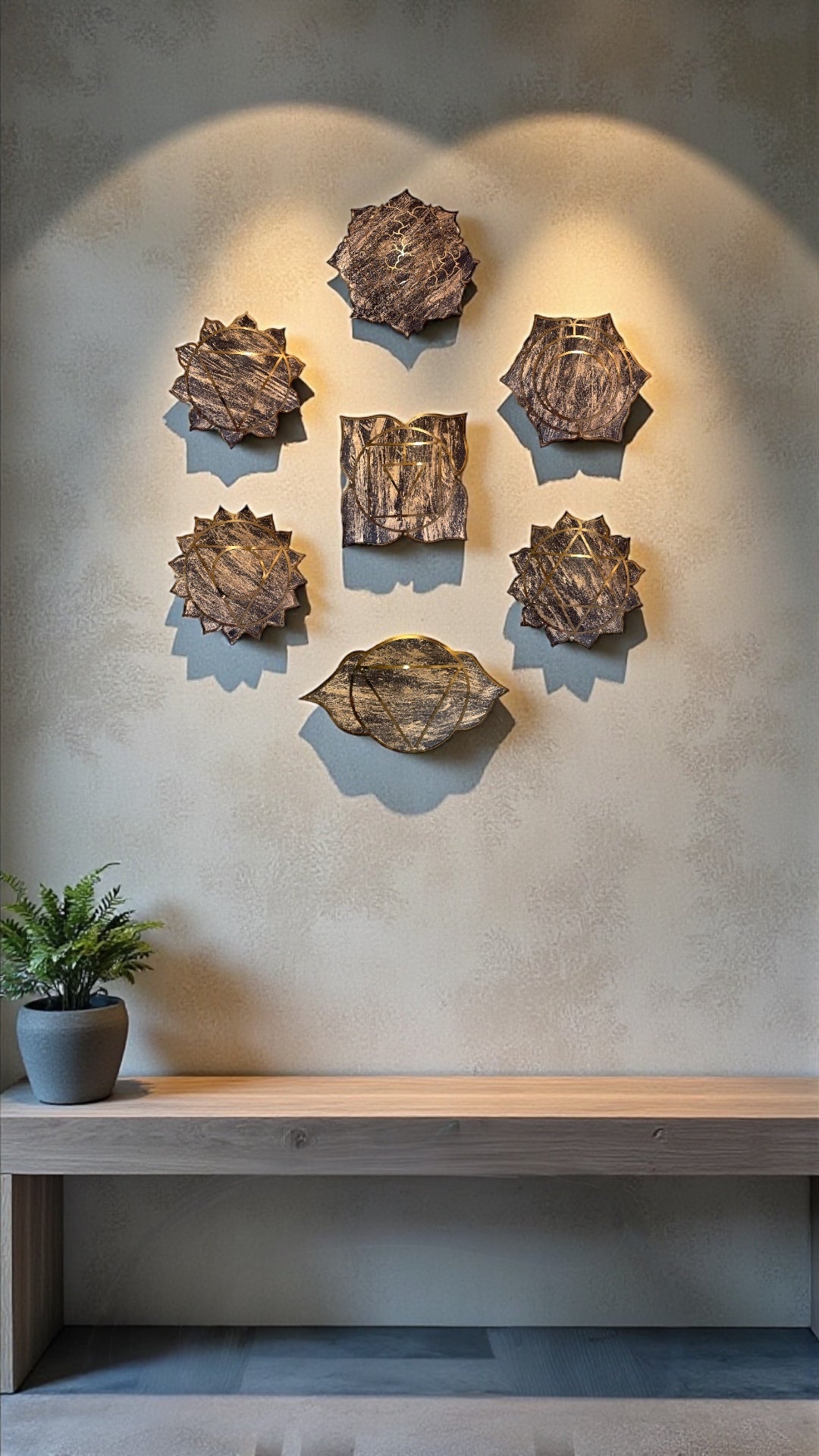 7 Chakra Wall Art | Sacred Energy Symbols, Wooden With Gold metal