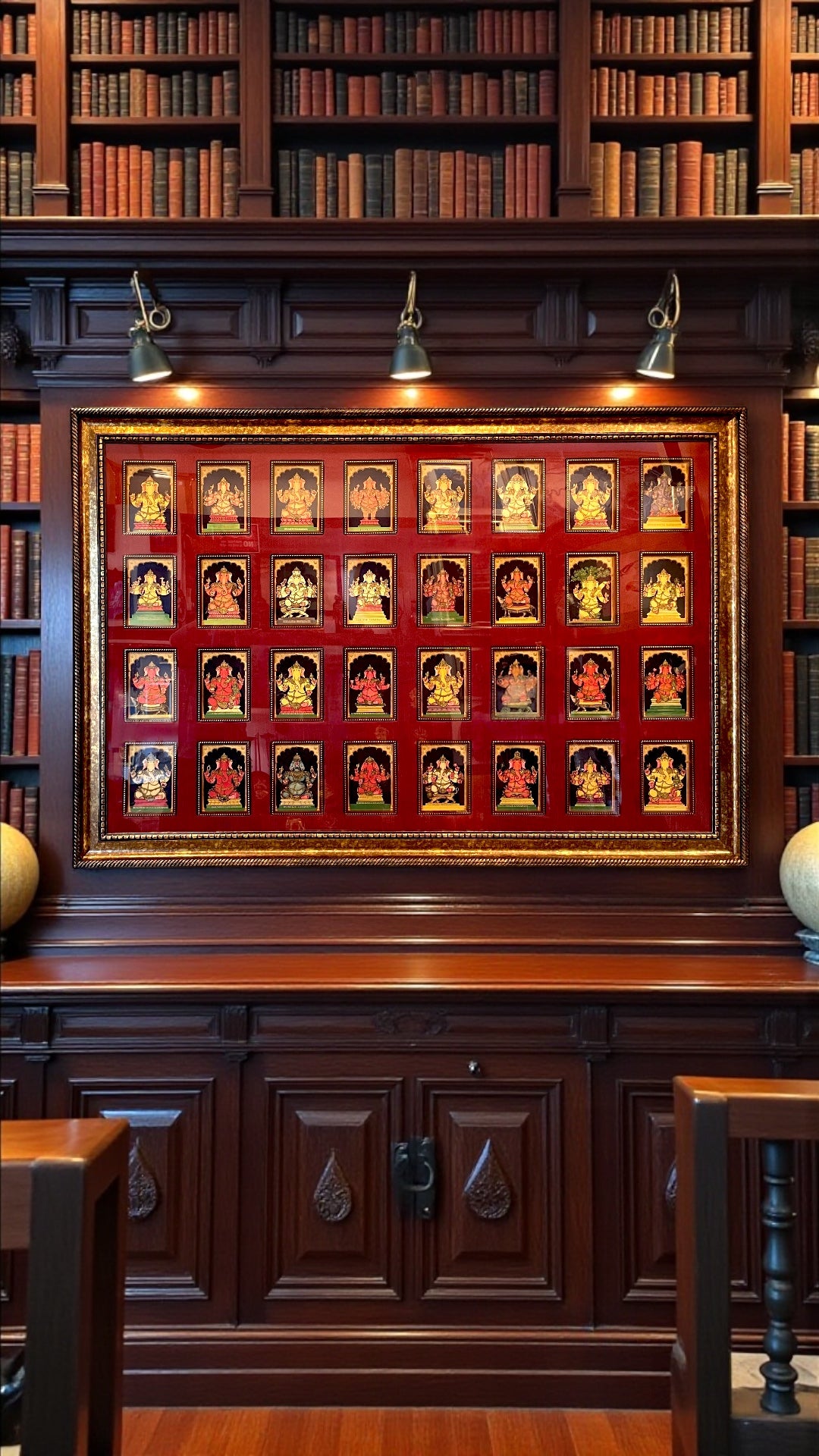 Sacred 32 Forms of Ganesha Gold Leafed Art in Classic Moulded Frame 2