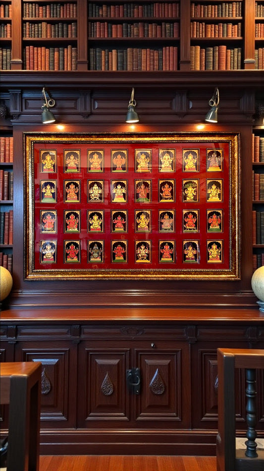 Sacred 32 Forms of Ganesha Gold Leafed Art in Classic Moulded Frame 2