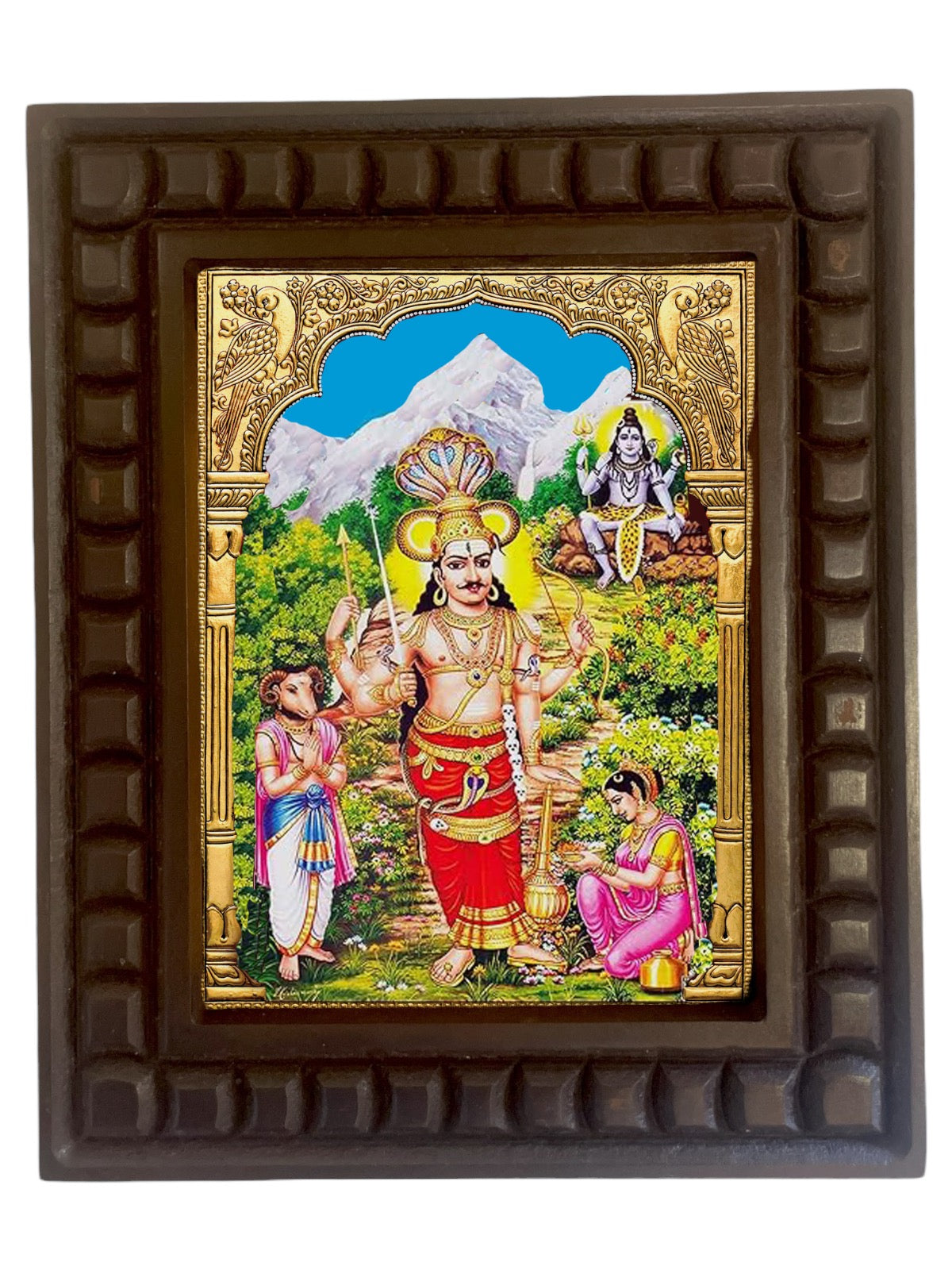 Veerabhadra Swamy Gold Foiled artwork within a wooden frame