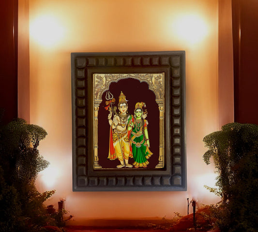 Shiva- Parvati Gold foiled Art within Wooden frame