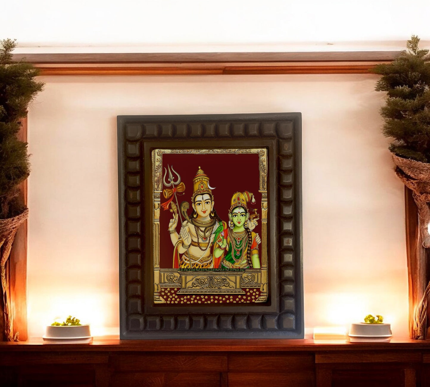 Shiva Parvati _2 Gold Leafed Art wiyhin Wooden Frame