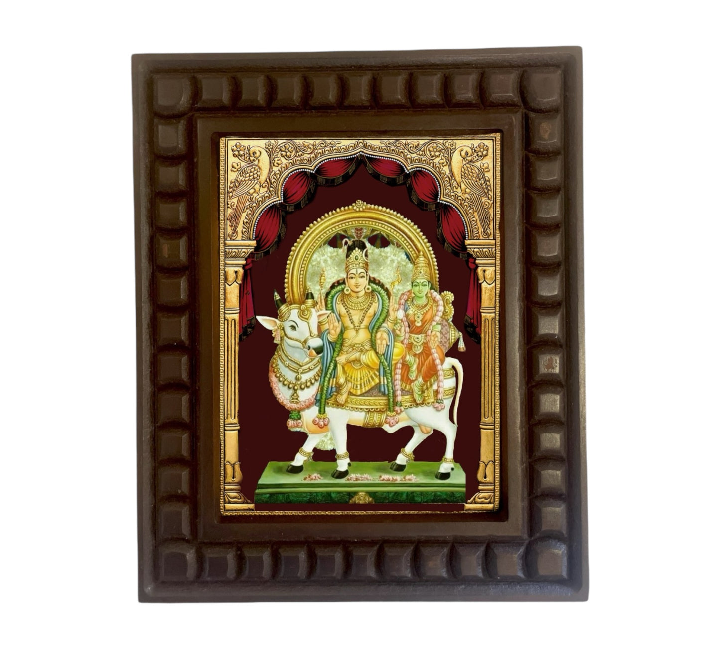 Shiva -Parvati On Nandi gold leafed art within a wooden frame