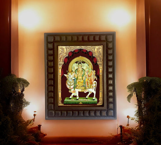 Shiva -Parvati On Nandi gold leafed art within a wooden frame