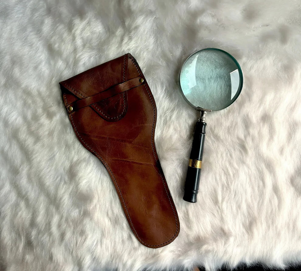 Antique Magnifying Glass Bronze and mother of pearl inlay work optional Leather Bag