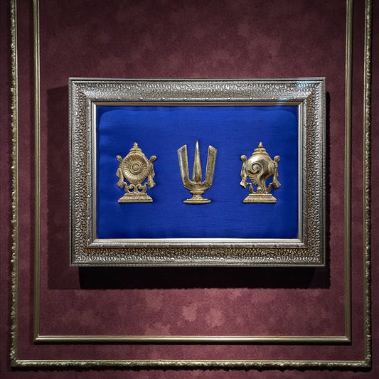 Tirupati Brass Shanku Chakra Namam with Blue Cushion in Moulded Frame