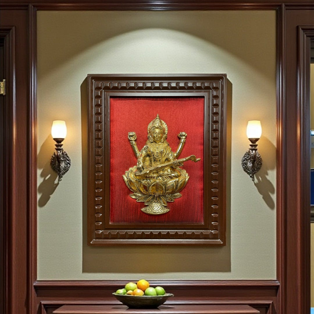 Brass Ganesha,Lakshmi,Saraswati Wall Art with Rich Red Silk Backdrop