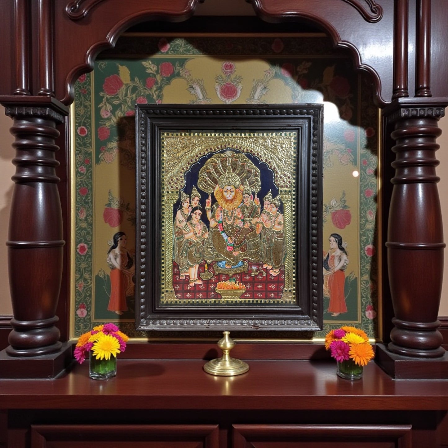 Lakshmi Narasimha Hand Painted Tanjore Painting in Wooden Frame