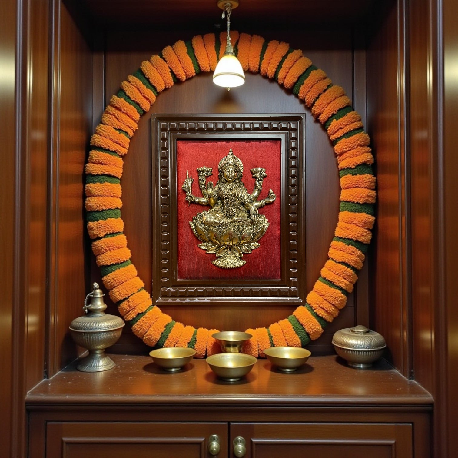 Brass Ganesha,Lakshmi,Saraswati Wall Art with Rich Red Silk Backdrop
