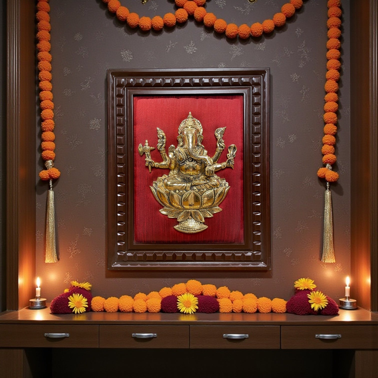 Brass Ganesha,Lakshmi,Saraswati Wall Art with Rich Red Silk Backdrop