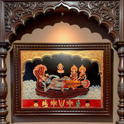 Ananthashayana (Mahavishnu with Sridevi and Bhoodevi) Gold Leafed Art With Wooden Frame