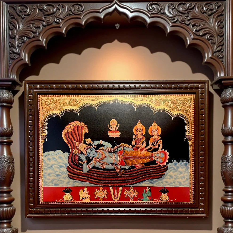 Ananthashayana (Mahavishnu with Sridevi and Bhoodevi) Gold Leafed Art With Wooden Frame