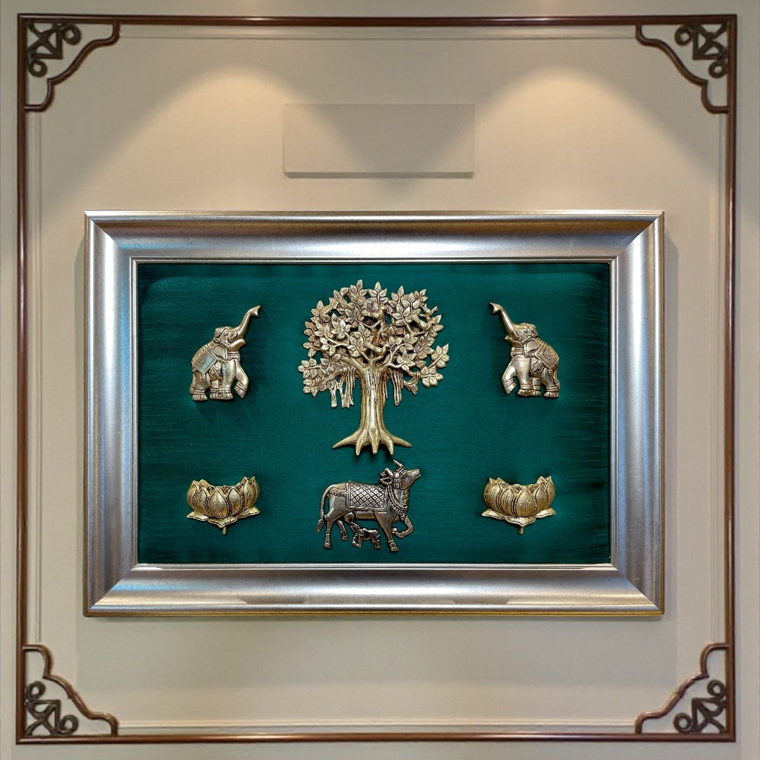 Brass Kalpavriksha Wall Art with Kamadhenu & Elephants – Green Silk, Titanium mtal Frame