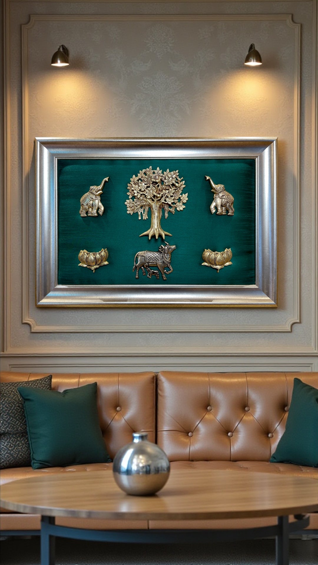 Brass Kalpavriksha Wall Art with Kamadhenu & Elephants – Green Silk, Titanium mtal Frame
