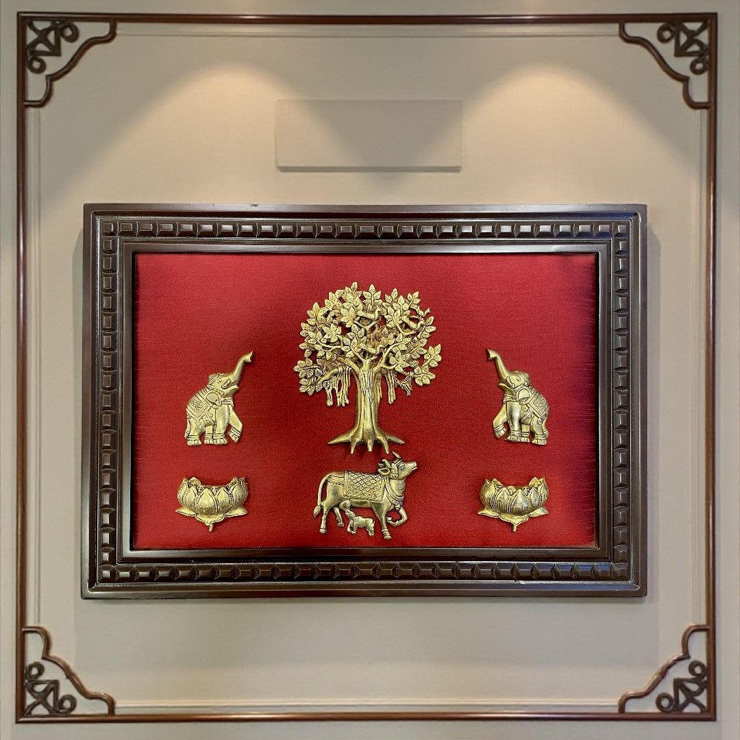Brass Kalpavriksha Wall Art with Kamadhenu & Elephants, Lotus – Red Silk Backdrop Wooden Frame