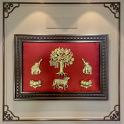 Brass Kalpavriksha Wall Art with Kamadhenu & Elephants, Lotus – Red Silk Backdrop Wooden Frame