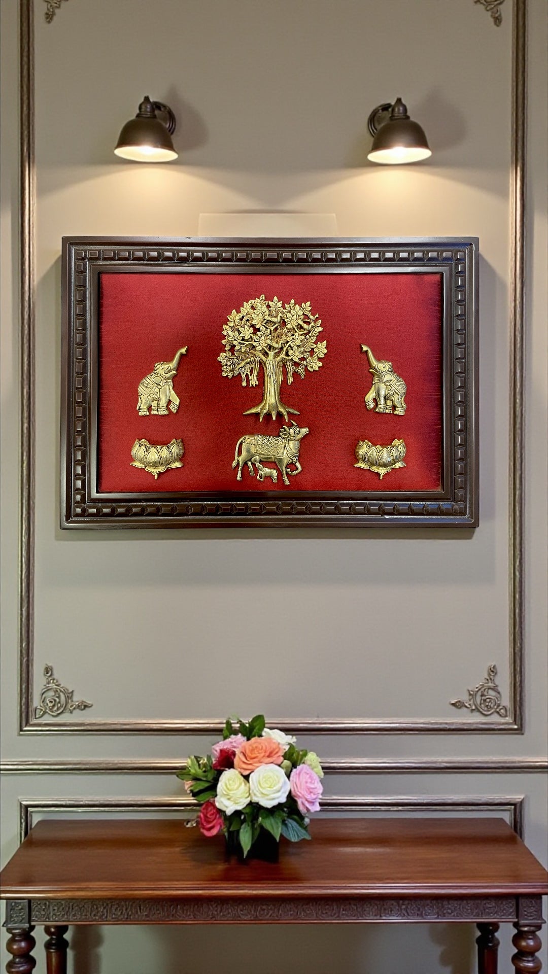 Brass Kalpavriksha Wall Art with Kamadhenu & Elephants, Lotus – Red Silk Backdrop Wooden Frame