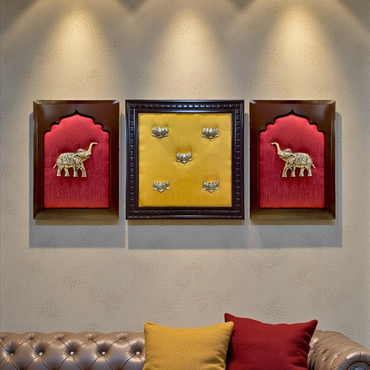 Brass Lotus & Elephant Wall Art Set on Silk Backdrop | Handcrafted Wooden Frame Décor