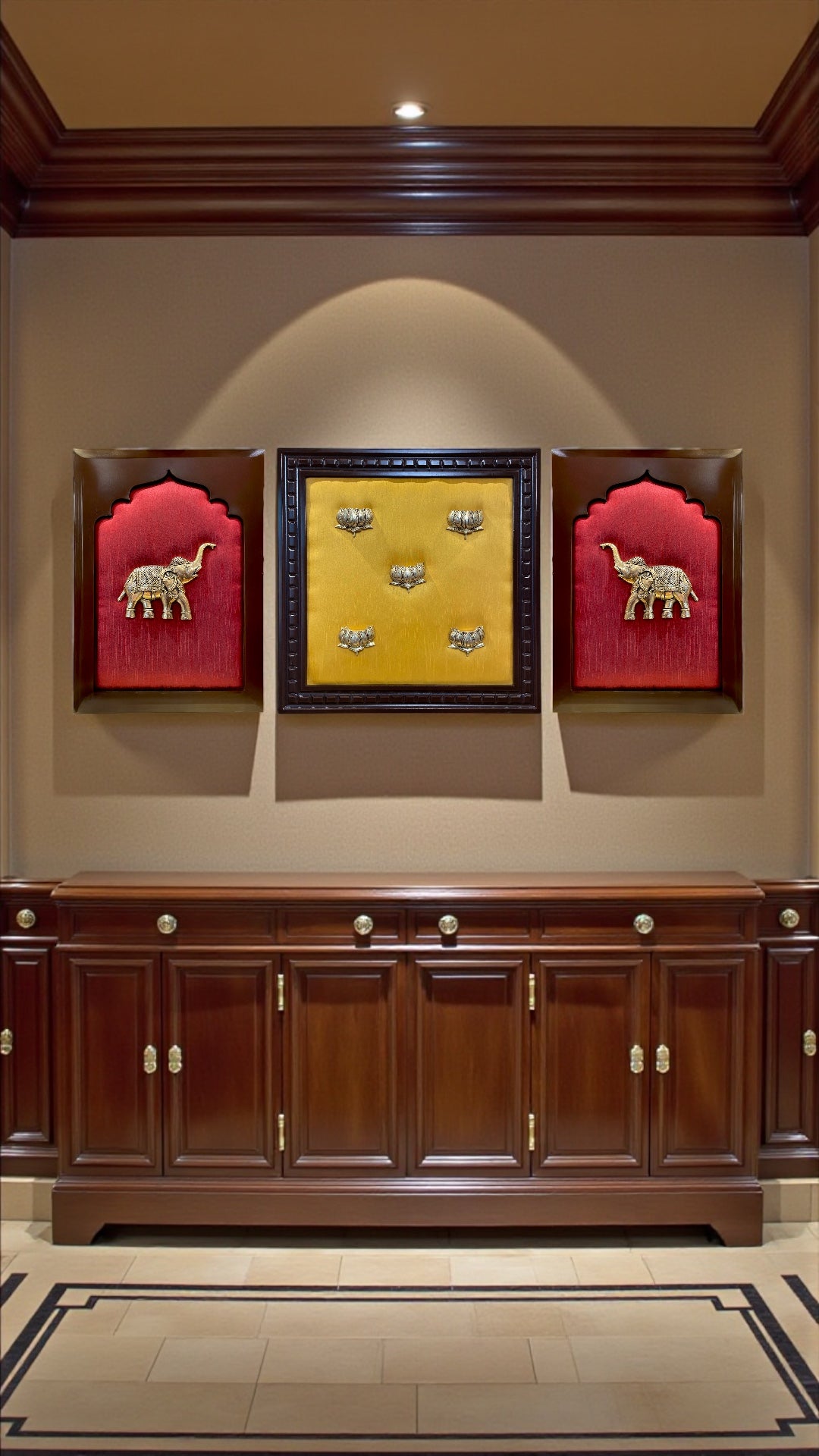 Brass Lotus & Elephant Wall Art Set on Silk Backdrop | Handcrafted Wooden Frame Décor