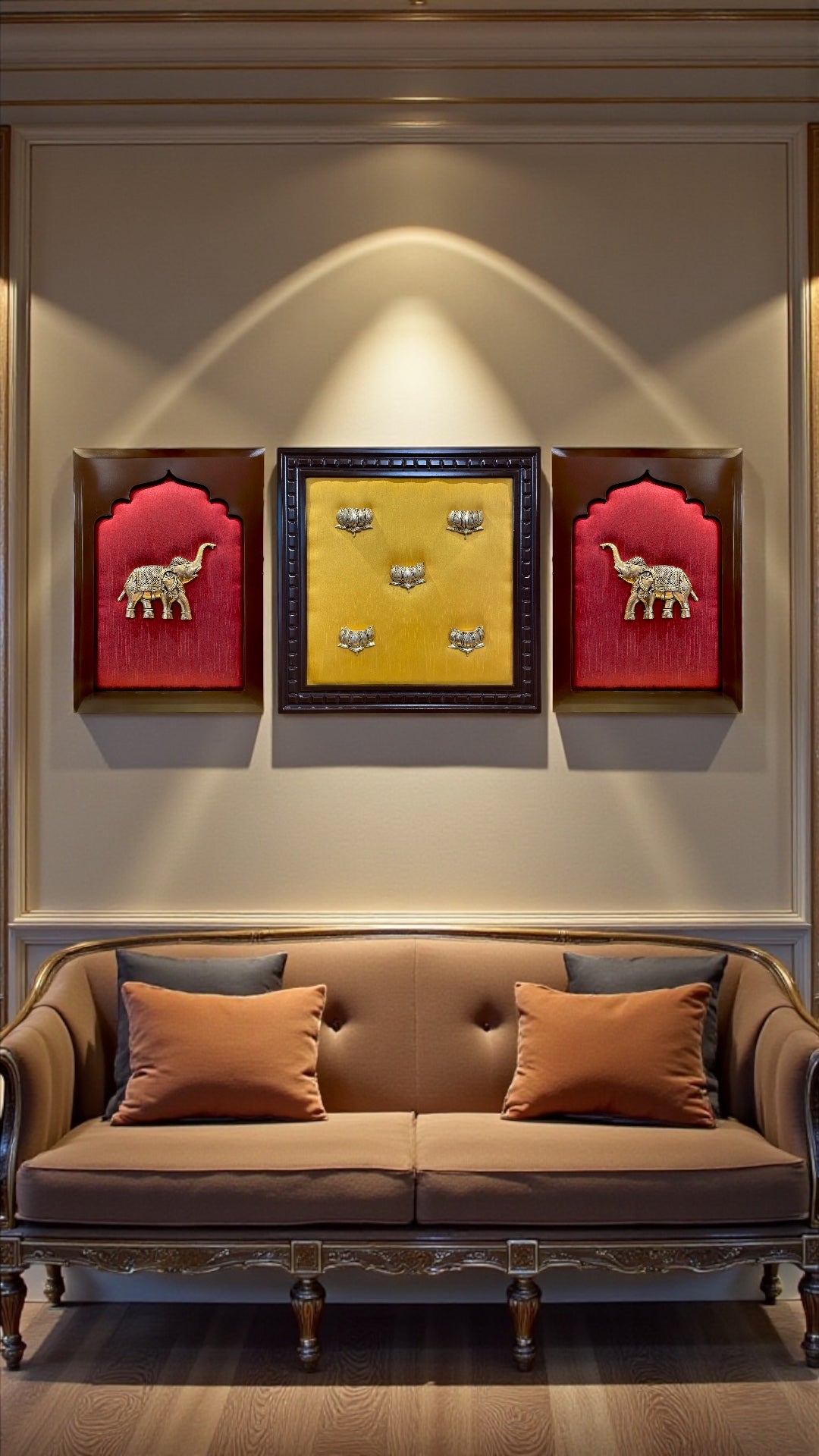 Brass Lotus & Elephant Wall Art Set on Silk Backdrop | Handcrafted Wooden Frame Décor
