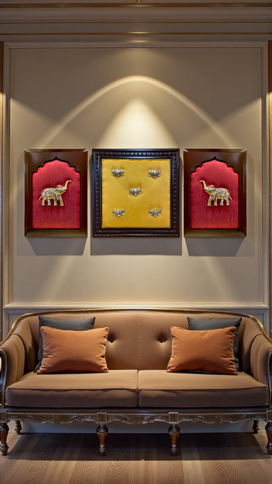 Brass Lotus & Elephant Wall Art Set on Silk Backdrop | Handcrafted Wooden Frame Décor