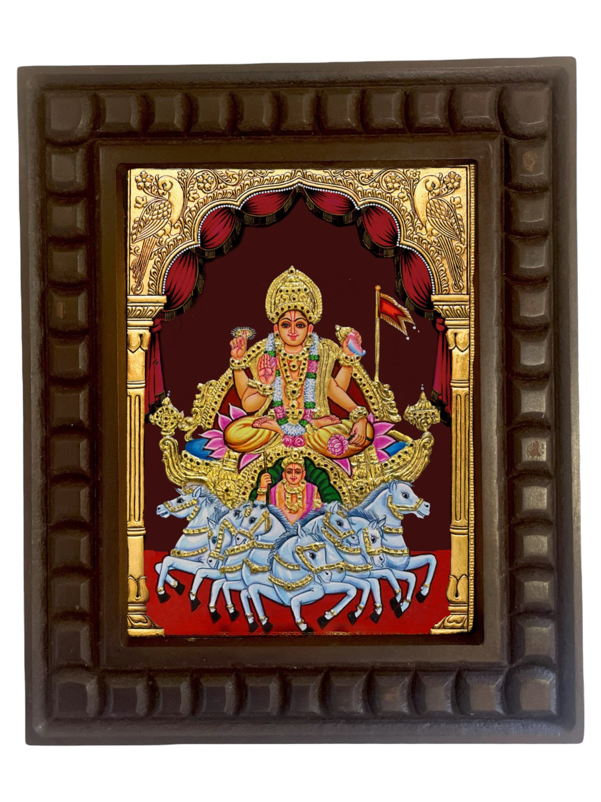 Surya Bhagavan Gold foiled art within wooden frame