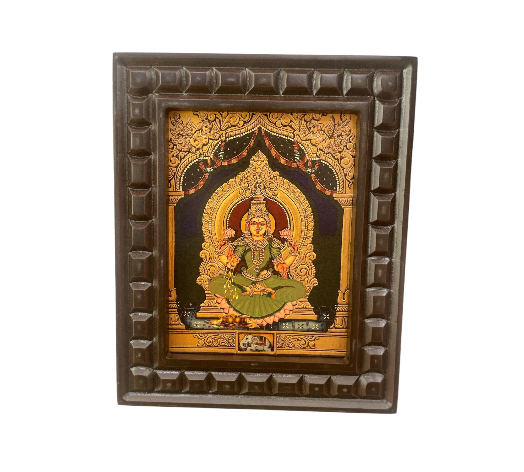 Shree Lakshmi-2 (Green Saree) Gold Leafed Art within Wooden frame