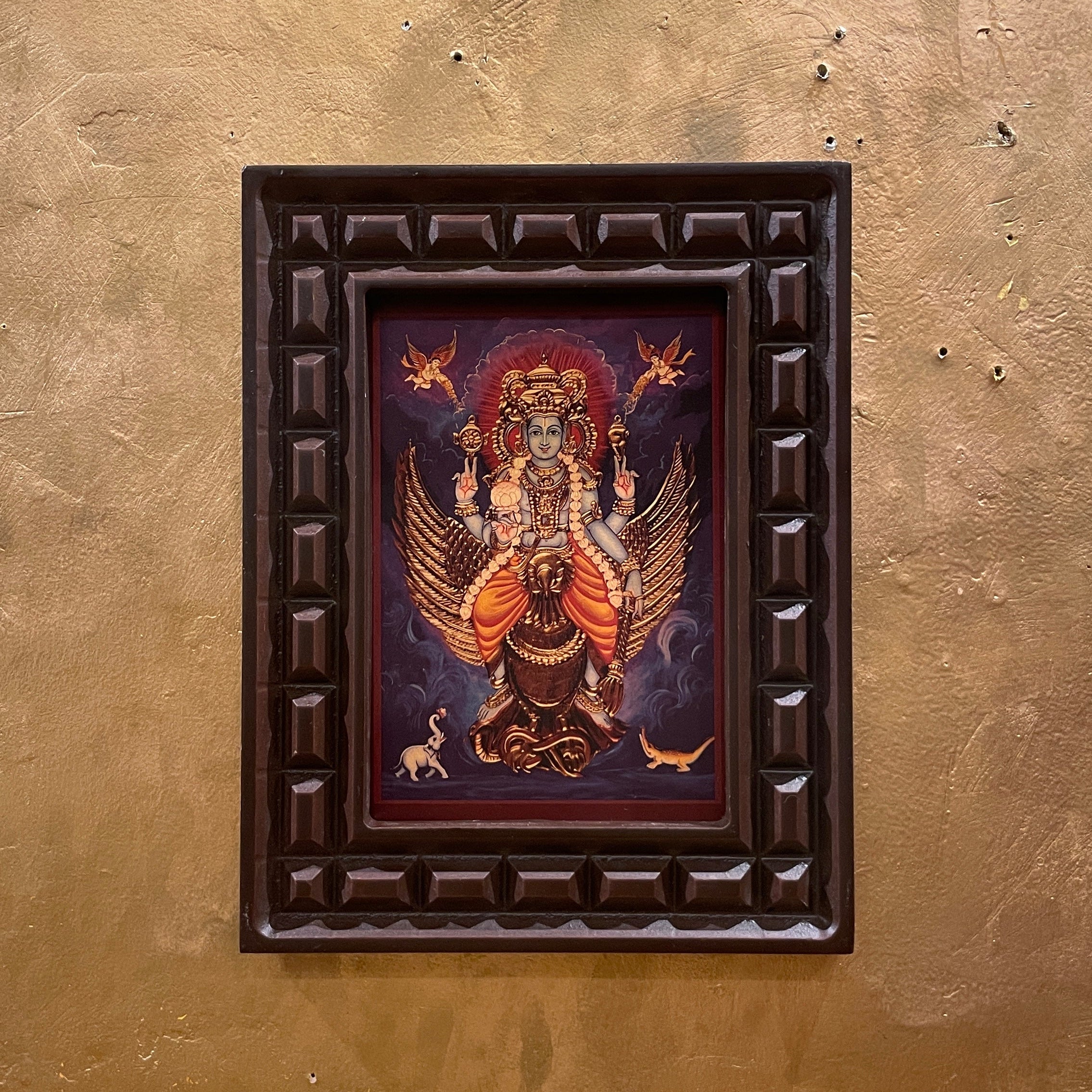 Vishnu: Mahavishnu  seated on his vahan Garud Gold Leafed Art  With Wooden Frame