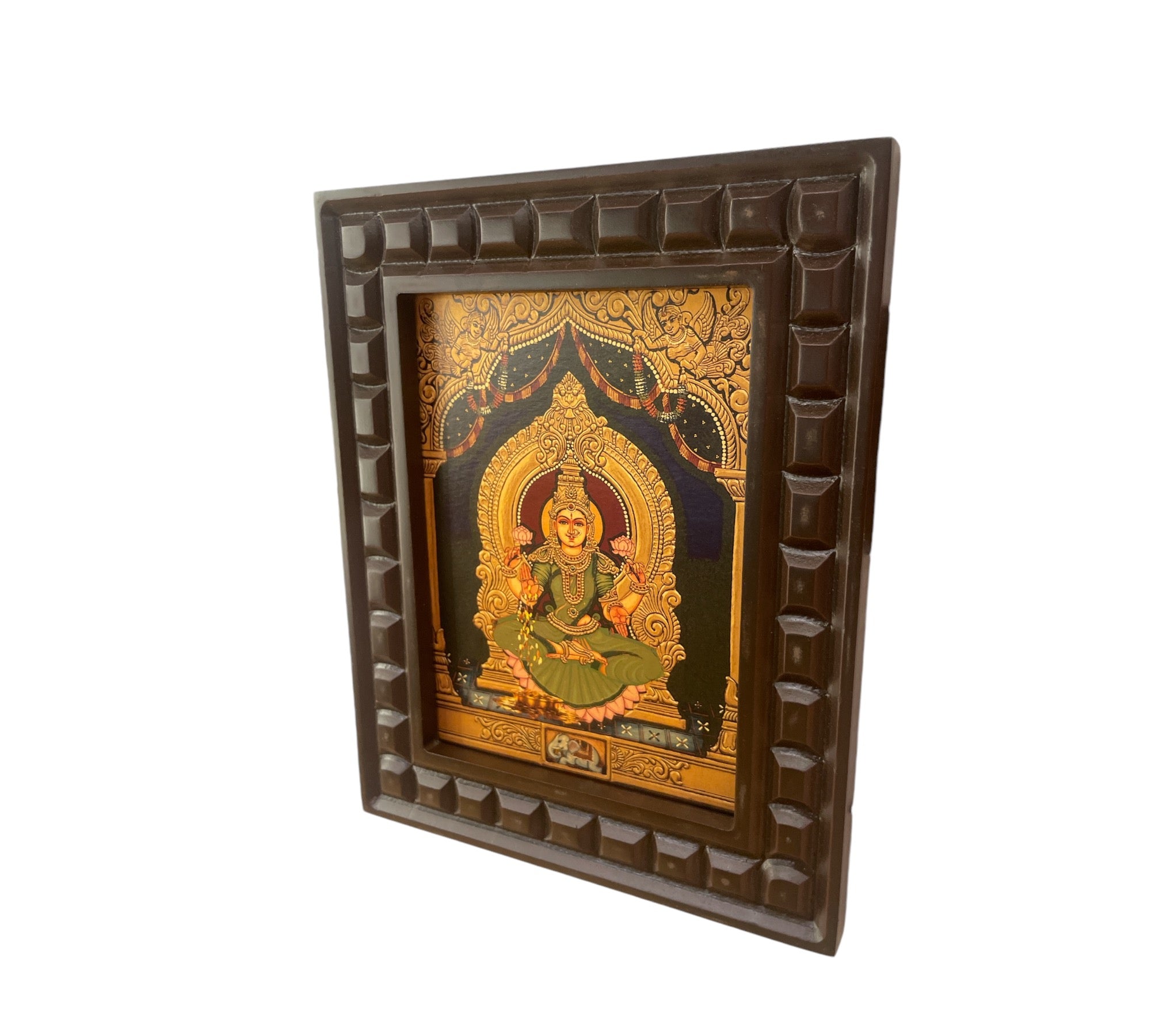 Shree Lakshmi-2 (Green Saree) Gold Leafed Art within Wooden frame