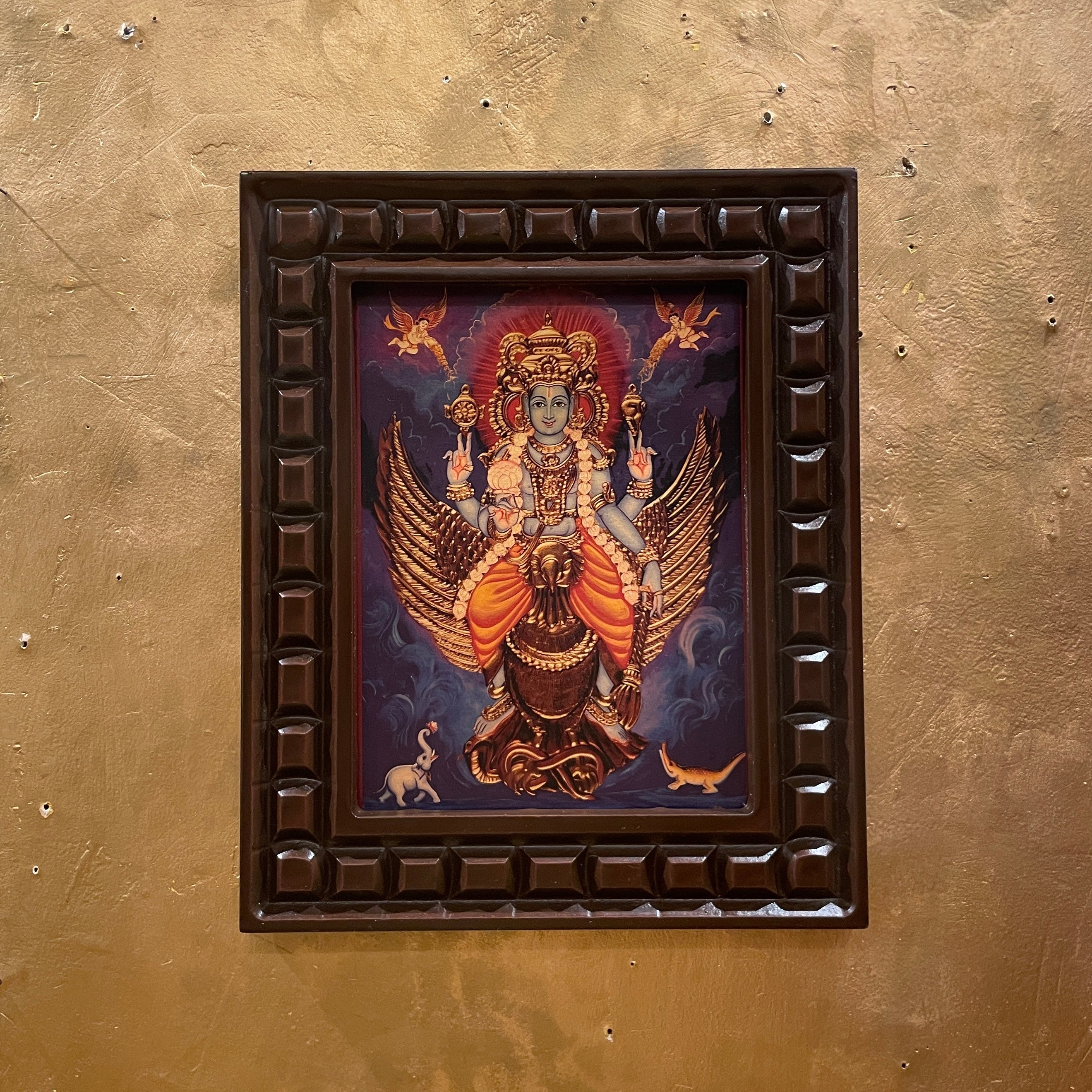 Vishnu: Mahavishnu  seated on his vahan Garud Gold Leafed Art  With Wooden Frame