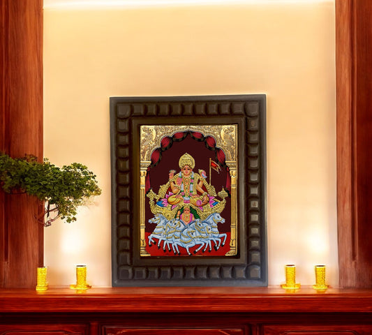 Surya Bhagavan Gold foiled art within wooden frame