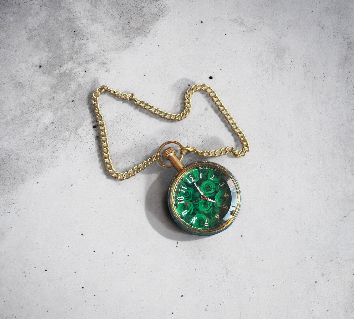 Vintage Brass Pocket Watch - Green Roses With Wooden Box