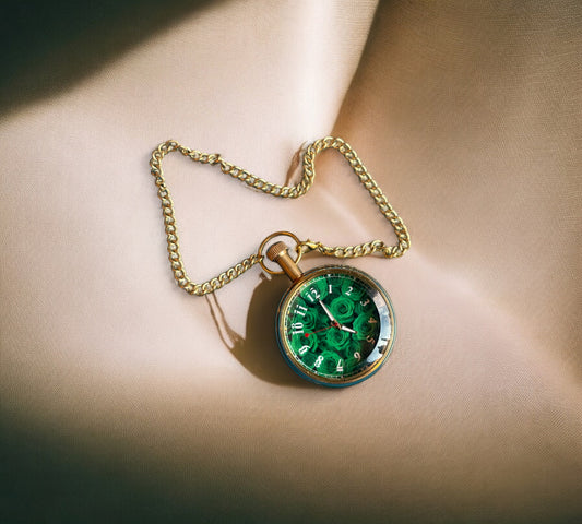 Vintage Brass Pocket Watch - Green Roses With Wooden Box