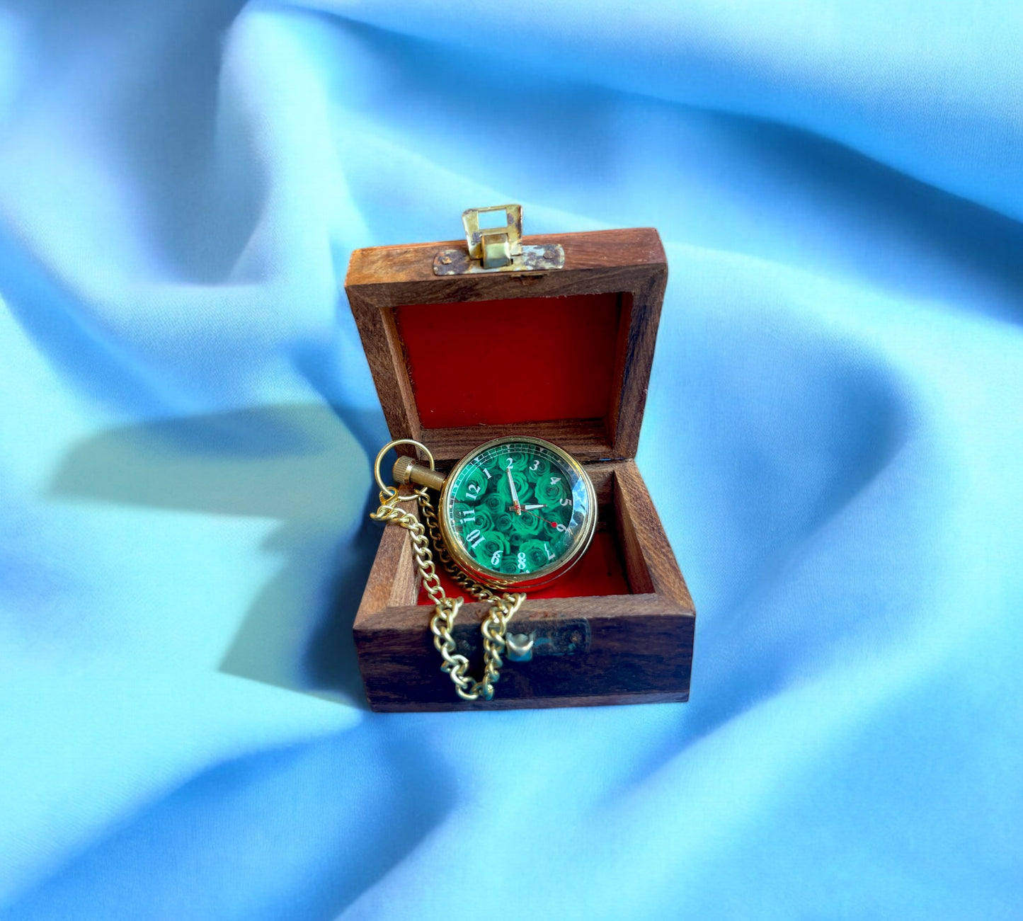 Vintage Brass Pocket Watch - Green Roses With Wooden Box