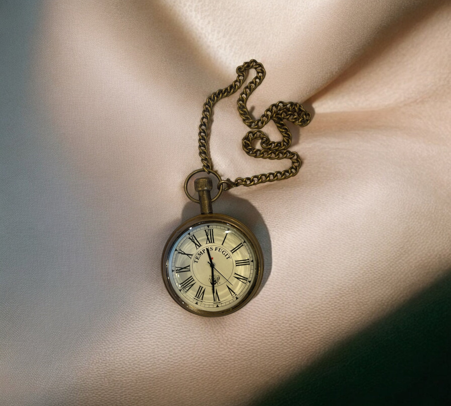 Vintage Brrass Pocket Watch - Tempus Fugit With Wooden box