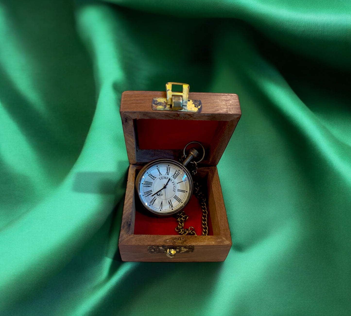 Vintage Brrass Pocket Watch - Tempus Fugit With Wooden box