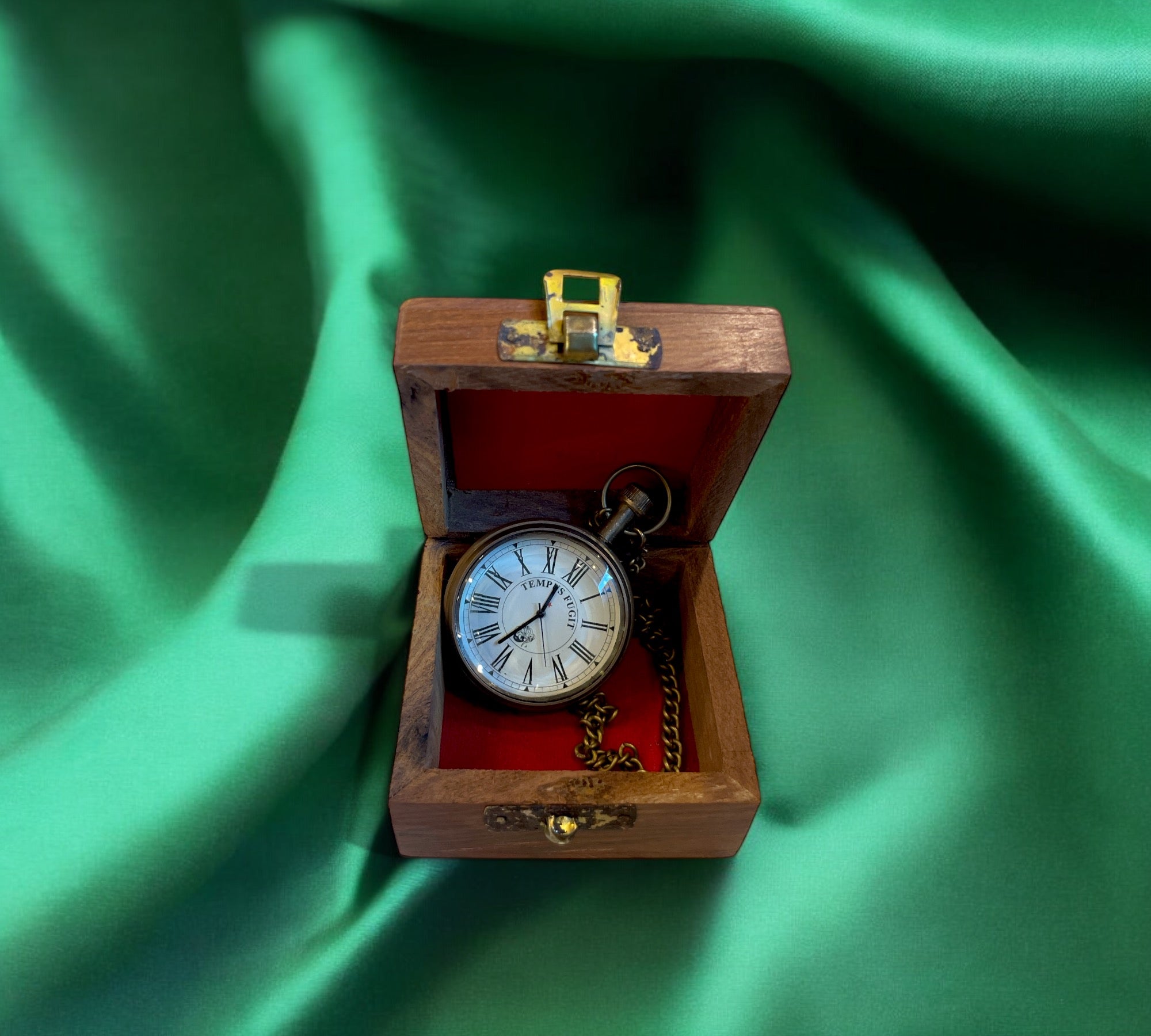 Vintage Brass Pocket Watch - Tempus Fugit With Wooden box