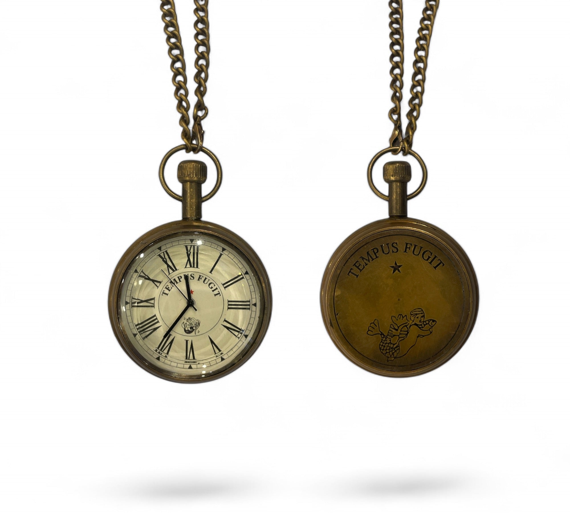 Vintage Brass Pocket Watch - Tempus Fugit With Wooden box