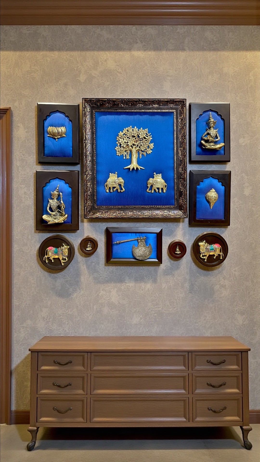 Royal Brass Wall Art on Blue Silk Backdrop