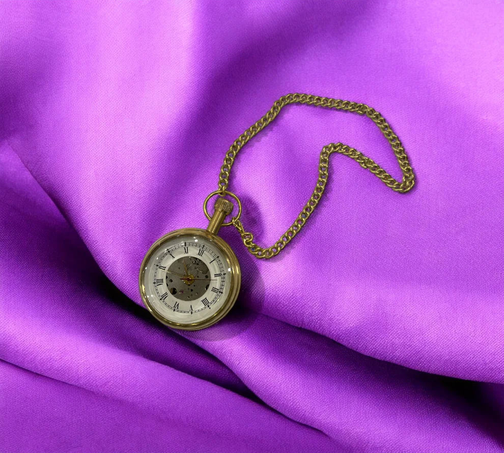 Vintage Brass Pocket Watch - Tempus Fugit With Wooden box