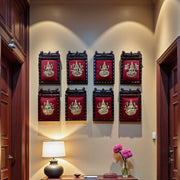 Brass Ashtalakshmi on Maroon Red Silk with 8 Sacred Elements in Temple Wooden Frame-2