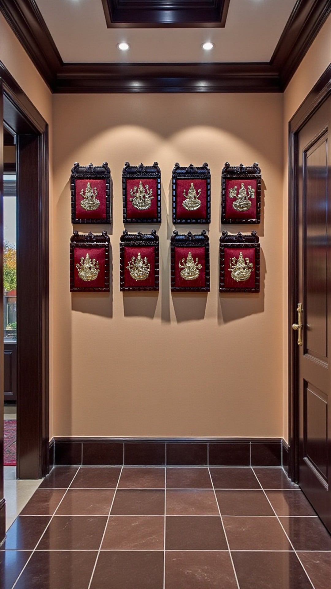 Brass Ashtalakshmi on Maroon Red Silk with 8 Sacred Elements in Temple Wooden Frame-2