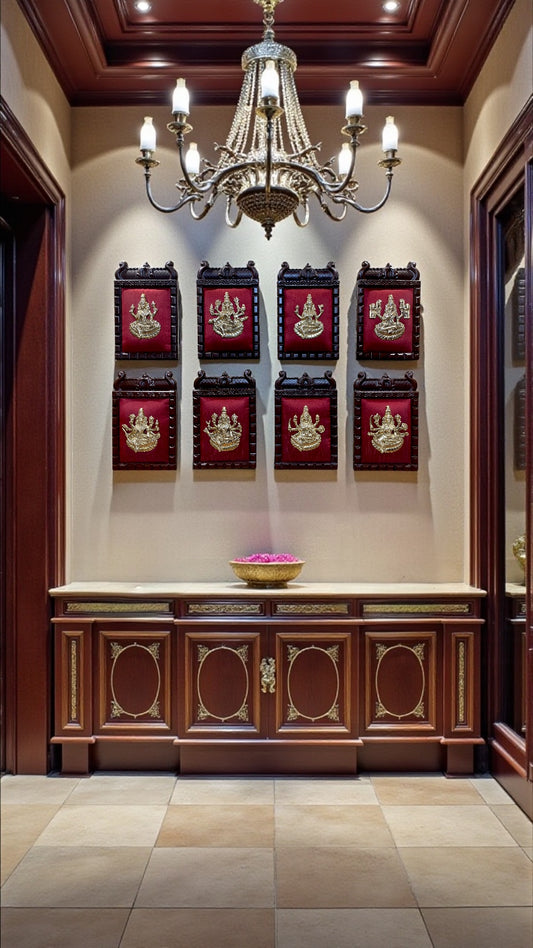 Brass Ashtalakshmi on Maroon Red Silk with 8 Sacred Elements in Temple Wooden Frame-2